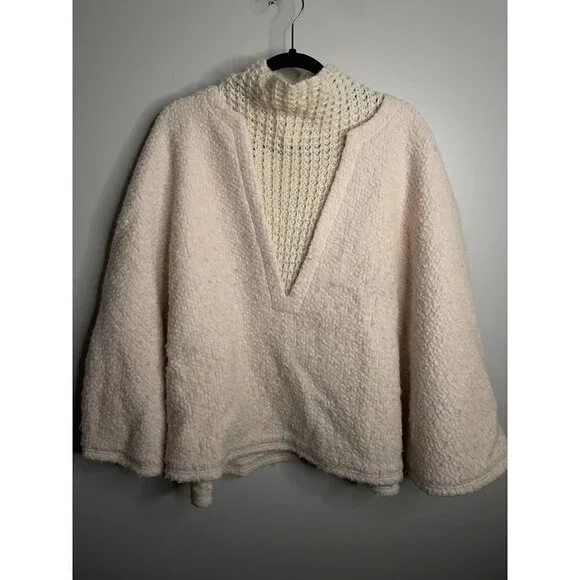 Anthropologie Textured Wool Blend Cream Poncho Sweater One Size OS NEW - Picture 5 of 8